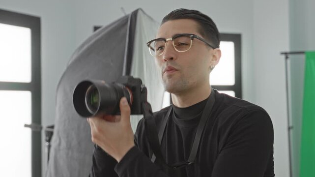 Man holds camera and points finger while directing a studio session with softbox and green screen visible; instructional focus.