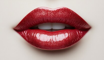 Obraz premium Close-up of full, luscious red lips with glossy shimmering lipstick and white teeth, isolated on white background