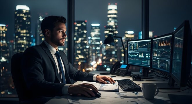 Businessman analyzing financial data on multiple monitors in night office