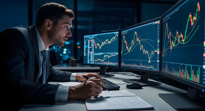 Businessman analyzing stock market charts on multiple monitors at night