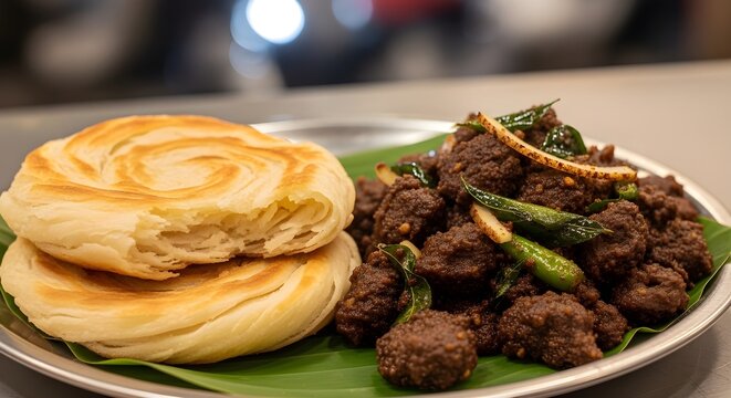 Delicious South Indian Flaky Parotta with Spicy Dry Meat Curry, a Traditional Kerala Cuisine Platter on Banana Leaf