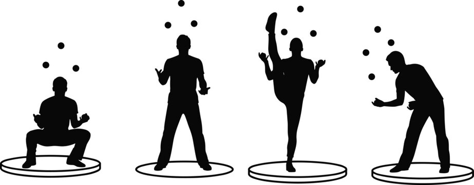 Silhouette of Juggler in Various Poses for Circus, Performance, and Entertainment Designs