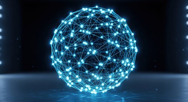 Abstract glowing sphere made of interconnected blue digital nodes and lines