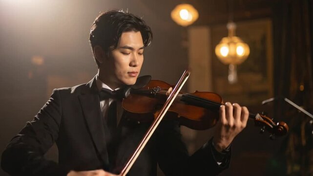 Elegant Asian man playing classical violin in a sophisticated performance