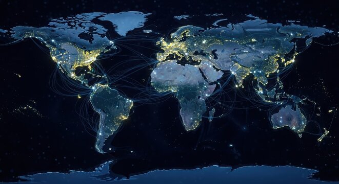 World map at night showing illuminated cities and populated areas, symbolizing