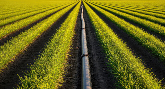 Long agricultural irrigation pipe laid between rows of young green crops under bright sunlight