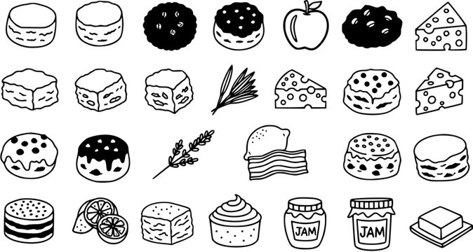 Hand Drawn Black and White Line Art Icons of Food and Baking Elements