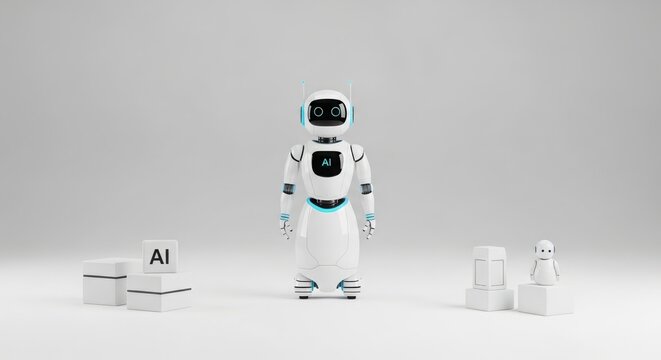 Futuristic white humanoid robot with glowing blue accents standing