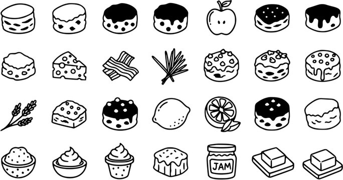 Black and White Line Art Food Icons: Sweet Desserts, Fruits, and Savory Snacks