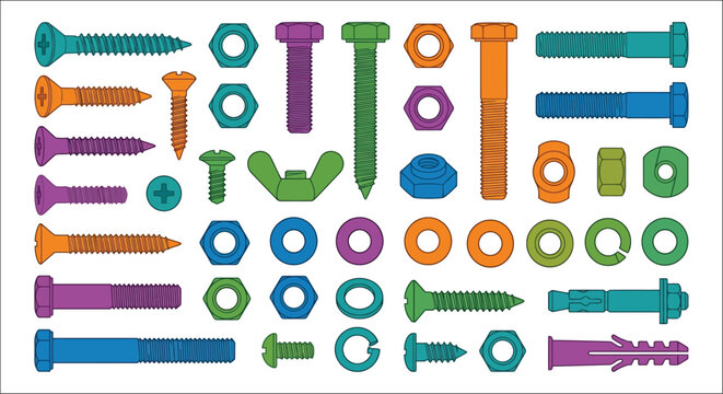 colorful screws nuts bolts and washers vector illustration