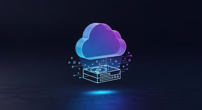 3D rendering of a cloud computing icon with glowing neon lights on a dark