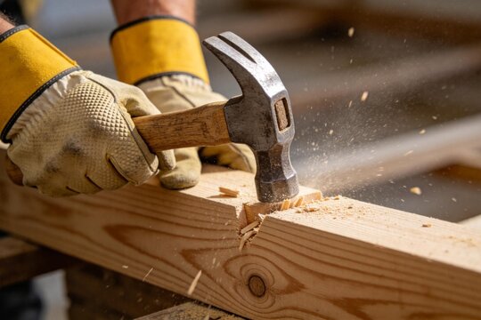 Person hammering wood with gloves