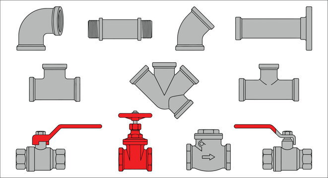 various plumbing fittings and valves in vector style