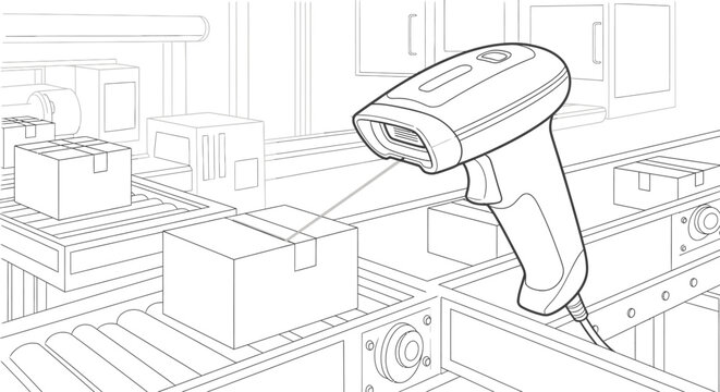 Handheld barcode scanner scanning cardboard box on warehouse conveyor belt