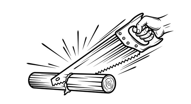 Hand sawing a wooden log with a sharp hand saw