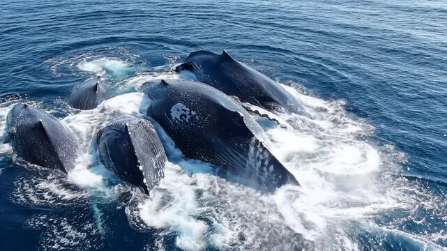 A pod of humpback whales feeding together in the ocean.