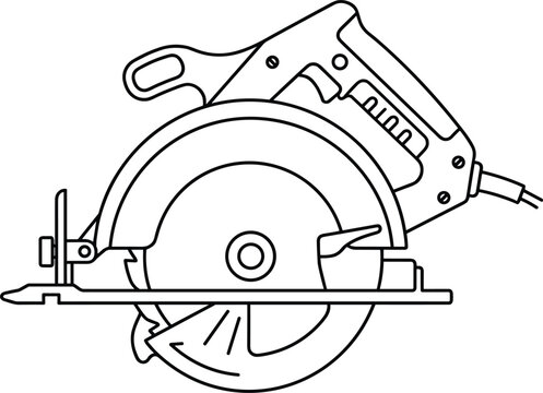 Circular saw power tool illustration featuring electric handheld cutting machine woodworking equipment and construction tool outline vector design