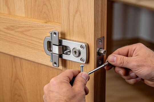 Person installing metal door lock