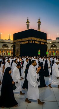 Pilgrims Performing Tawaf Around the Holy Kaaba at Sunset in Mecca, Saudi Arabia