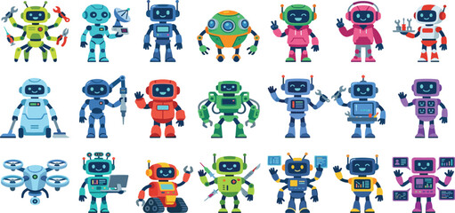 Obraz premium Large set of cute cartoon robot characters featuring friendly artificial intelligence droids drones and futuristic cyborg mascots for technology education kids science 