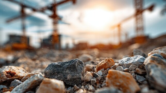 Rocky gravel surface at a construction site with blurred cranes in the background