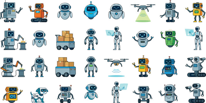 Massive collection of cute cartoon robot characters featuring delivery droids industrial welding bots and smart technology drones for futuristic science and artificial intelligence vector.