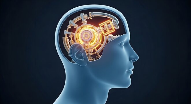 Human head profile with mechanical glowing engine brain