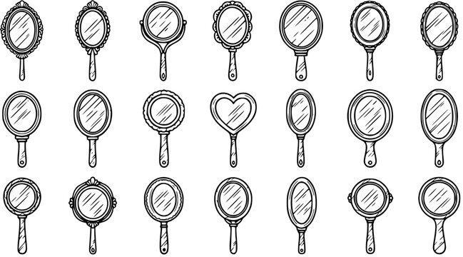 Beauty  Personal Care Hand Mirrors Black and White Line Art Collection. Hand-drawn doodle set of vanity, pocket, and antique mirrors for fashion designs.