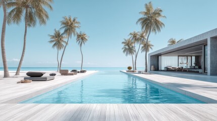 Fototapeta premium Modern tropical paradise with swimming pool and palm trees overlooking serene ocean view in bright sunlight, ideal for relaxation and escape