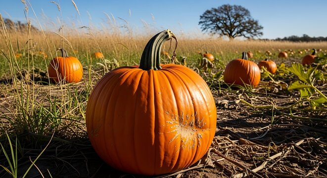 Vibrant pumpkins in a sunlit field against a clear blue sky