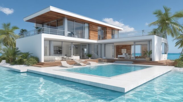 Modern beachfront villa with large swimming pool, palm trees, and ocean view under a clear blue sky for luxury lifestyle and vacation concepts