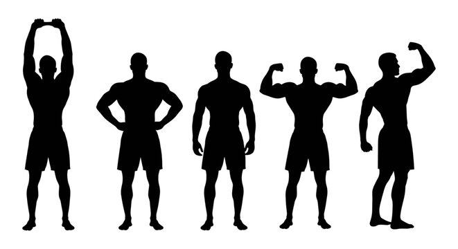 Bodybuilder silhouettes posing with dumbbell flexing muscles bodybuilder strength exercise training