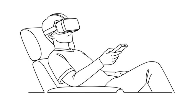 Man wearing vr headset and holding controller while sitting in a chair line art illustration technology