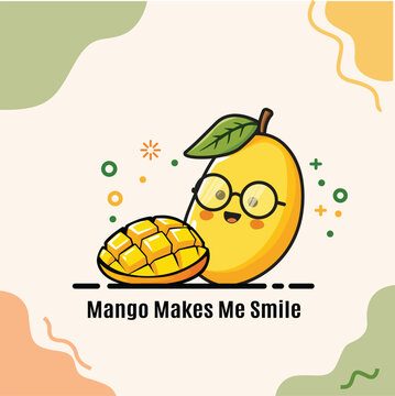 Cute Mango Character Cartoon with Slice Fruit and Smile Expression Vector Illustration