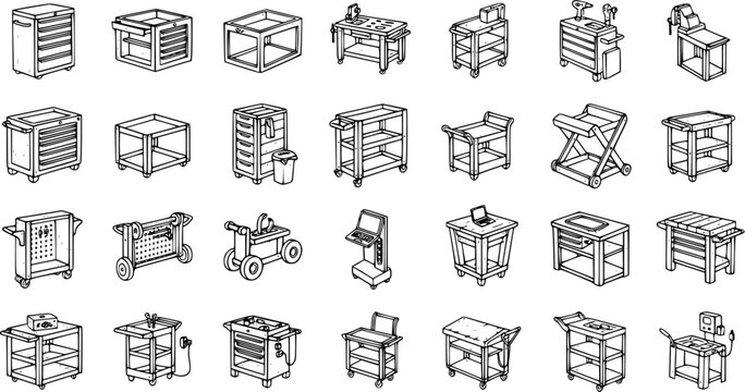 Automotive, Industrial  Workshop Tool Carts, Trolleys, and Workbenches Vector Icon Set. Black and White Line Art Collection of Utility Storage.