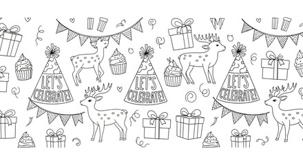 Fototapeta premium Seamless hand drawn celebration pattern with deer and party hats.