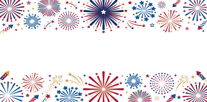 Patriotic American Independence Day horizontal banner with fireworks rockets and stars border for July 4th celebration invitation card and announcement background vector.