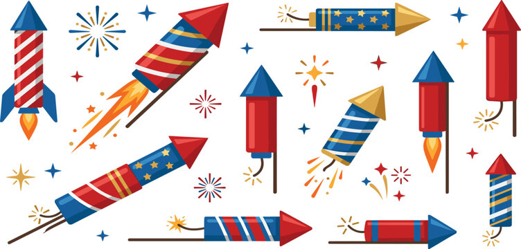 Patriotic Fourth of July fireworks rocket set with red white and blue stars and stripes for Independence Day celebration pyrotechnic display icons vector.