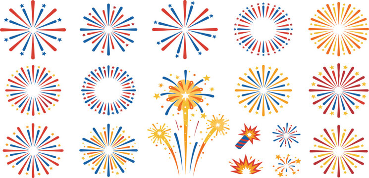 Patriotic red white and blue fireworks set for July 4th Independence Day celebration stars and stripes firework burst icons vector collection.
