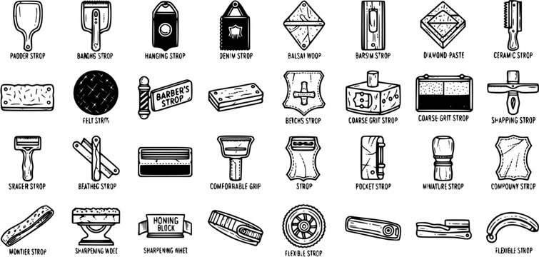 Black and White Line Art Icons of Barber Tools and Sharpening Equipment