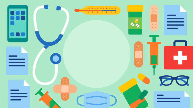 A vibrant illustration of various medical tools and healthcare supplies, including a stethoscope, thermometer, syringes, and a first aid kit, arranged around a central empty space.