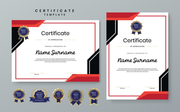 Comprehensive certificate template collection in red and black colors featuring landscape and portrait formats and various gold seals