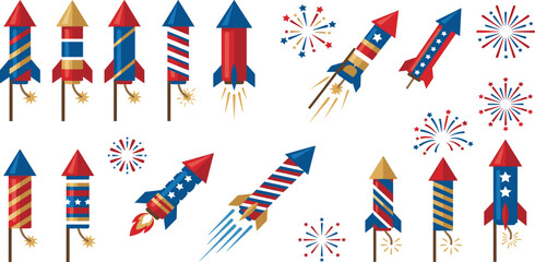 Set of patriotic American Independence Day fireworks rocket icons with red white blue stars and stripes for July 4th celebration festive pyrotechnic display and holiday event design vecto © MST HASMOTARA