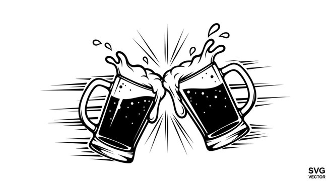 Cheers Beer Mugs Clinking Together with Splashing Foam, Black and White Vector Illustration