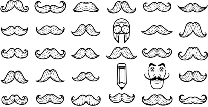 Black and White Line Art Moustaches Pattern, Vector Illustration