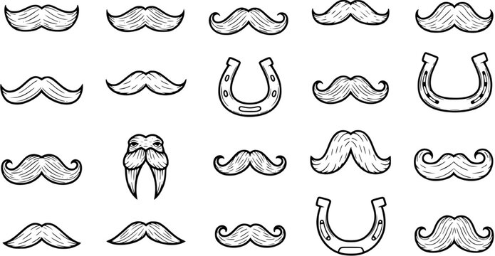 Black and White Line Art of Moustaches and Horseshoes, Vintage Style Vector Icons