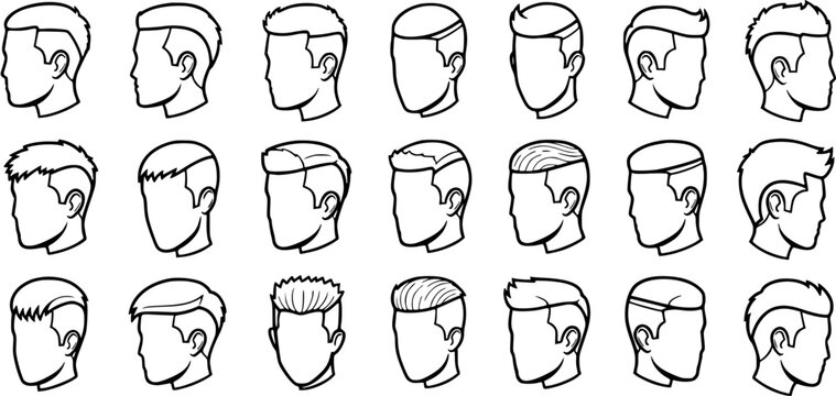 Men's Hairstyles and Haircuts Collection: Black  White Line Art Outline Icons for Barbershop, Grooming, and Fashion Industry