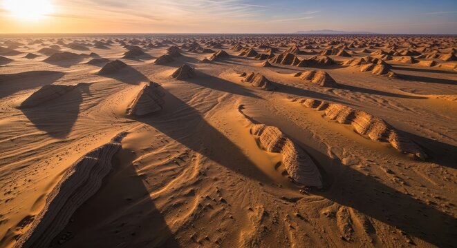 Aerial view of yardang landforms in desert at sunset