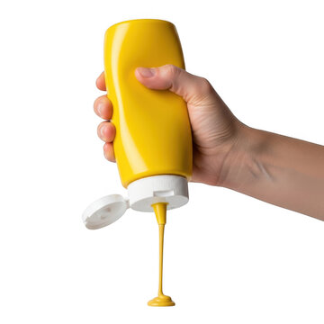 Hand squeezing yellow mustard bottle with spout isolated on transparent background