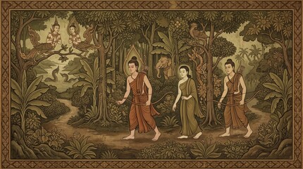 Fototapeta premium Buddhist figures gracefully traverse a lush, stylized forest landscape. The artwork's muted tones and intricate details showcase a serene journey.